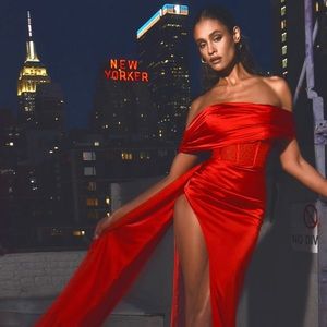 Norma Red Off Shoulder Crystallized Corset Satin Gown